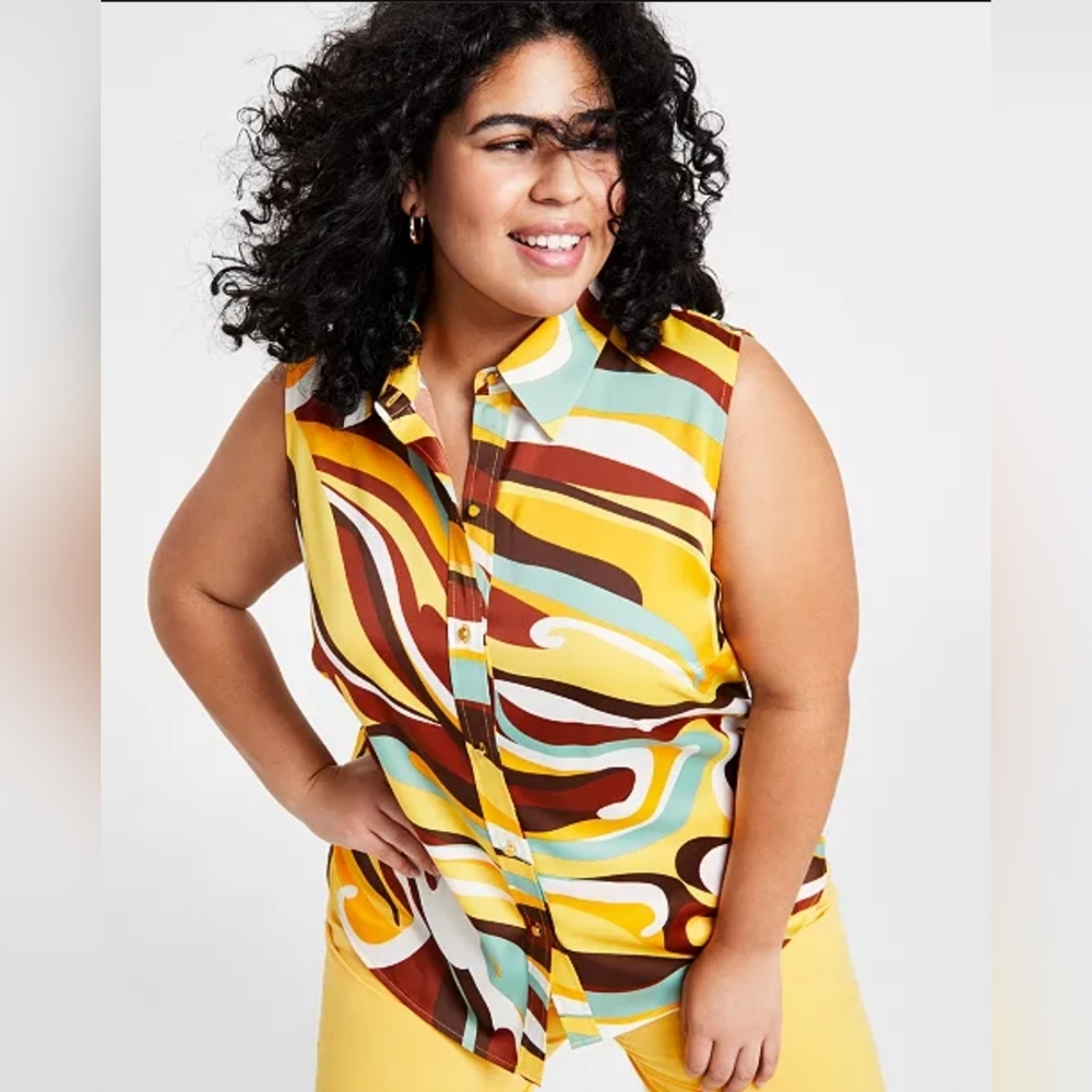 BAR‎ IIIPlus Size Swirl-Printed Sleeveless Button-Front Top